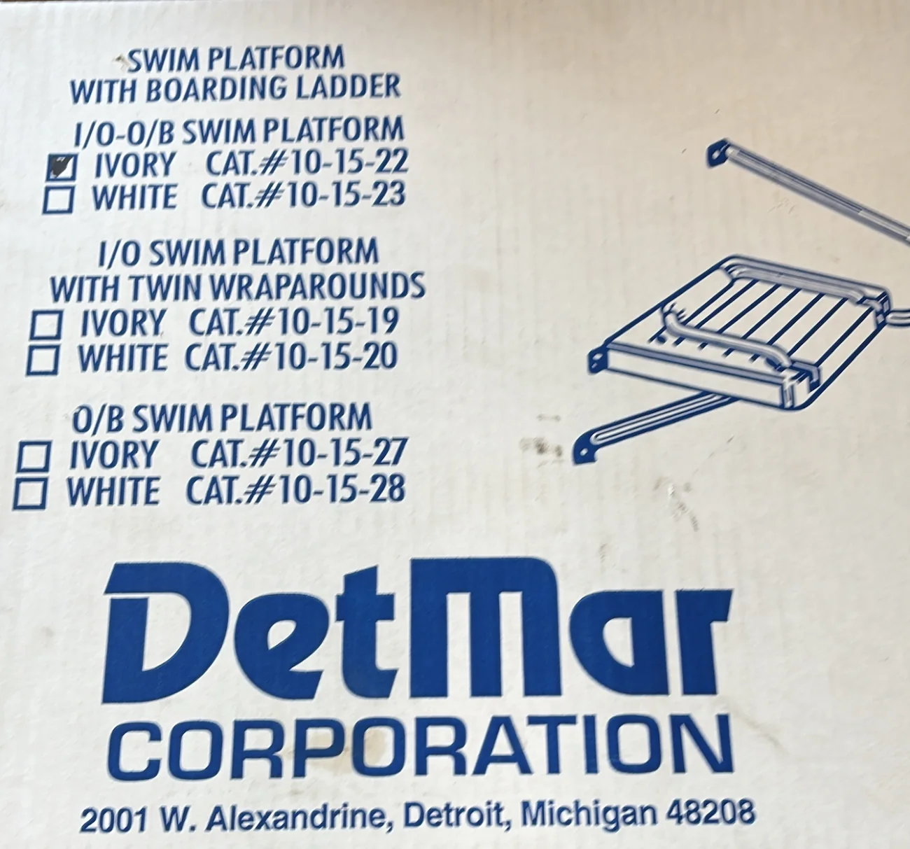 DetMar ivory swim platform with boarding ladder, new in the box at Hartzel Marine in Dunnville