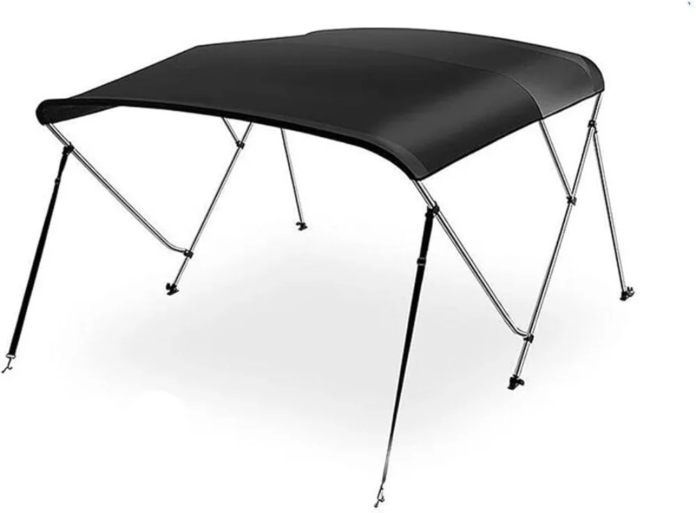 Legend black bimini top on a stainless frame with support poles