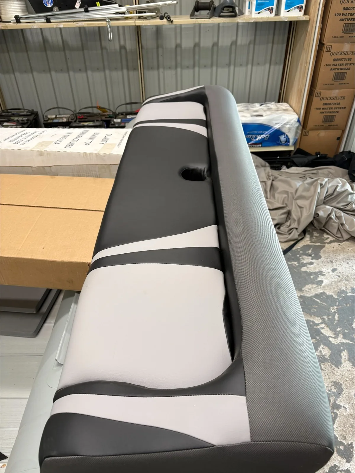 Brand new Legend X20 bottom bench seat in grey and charcoal marine vinyl at Hartzel Marine in Dunnville