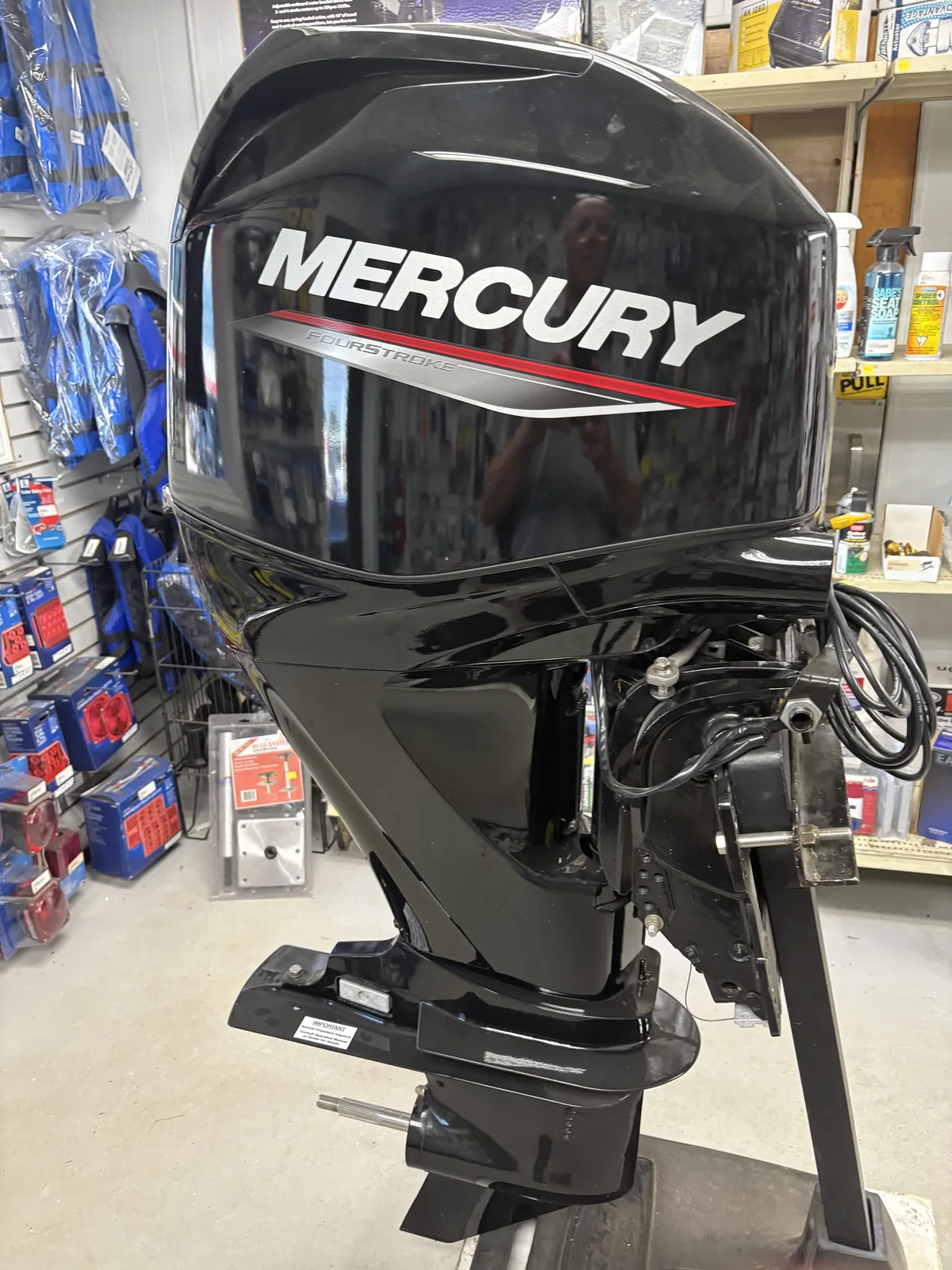 2023 Mercury 50 hp Command Thrust FourStroke outboard on a stand at Hartzel Marine in Dunnville