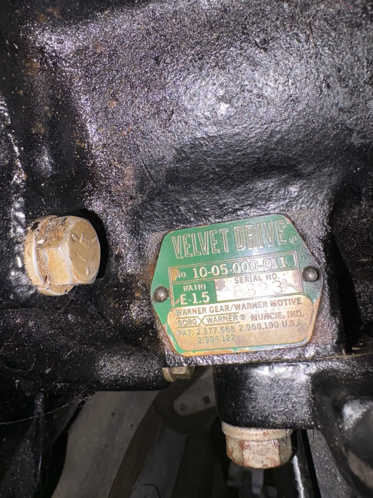 Borg Warner Velvet Drive nameplate showing model 10-05-000-011 and ratio E-1.5 at Hartzel Marine in Dunnville