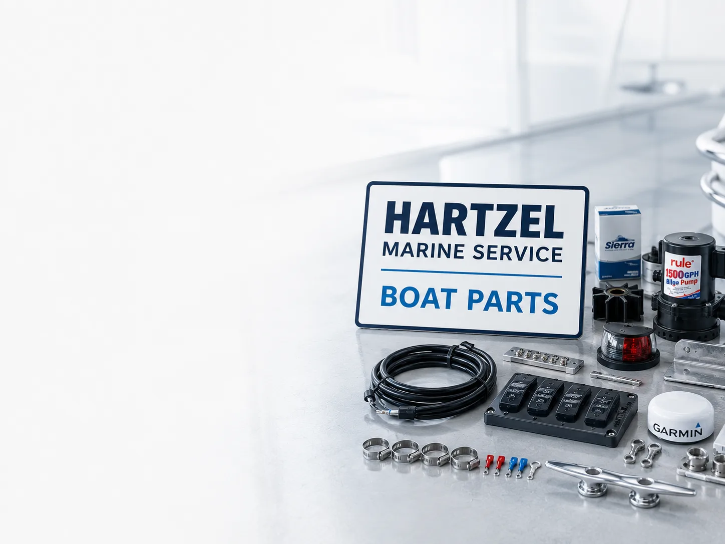 Hartzel Marine boat parts: bilge pump, nav lights, switch panel, anodes, hose clamps and deck hardware