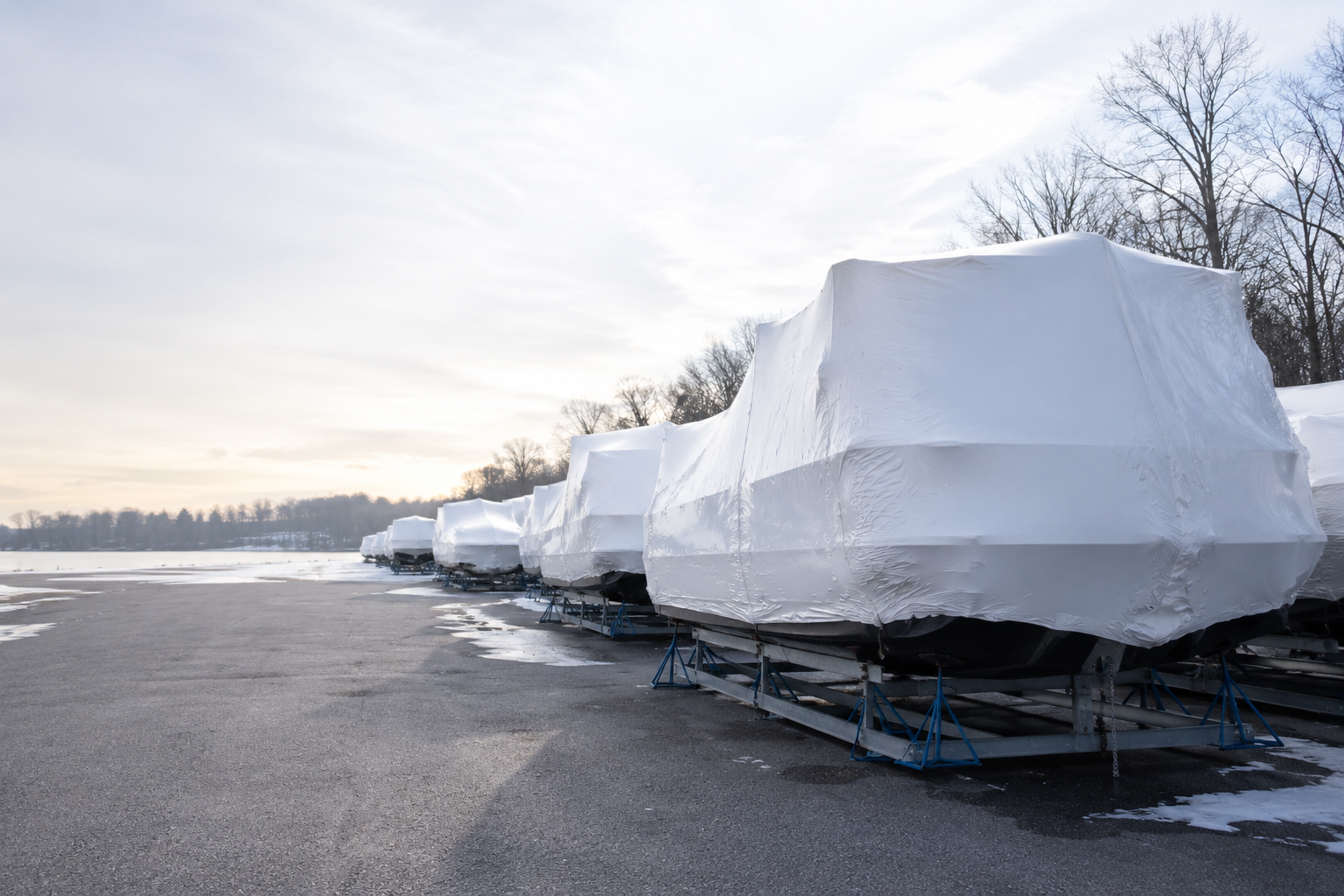 Row of shrink-wrapped boats at sunset in the winter storage yard