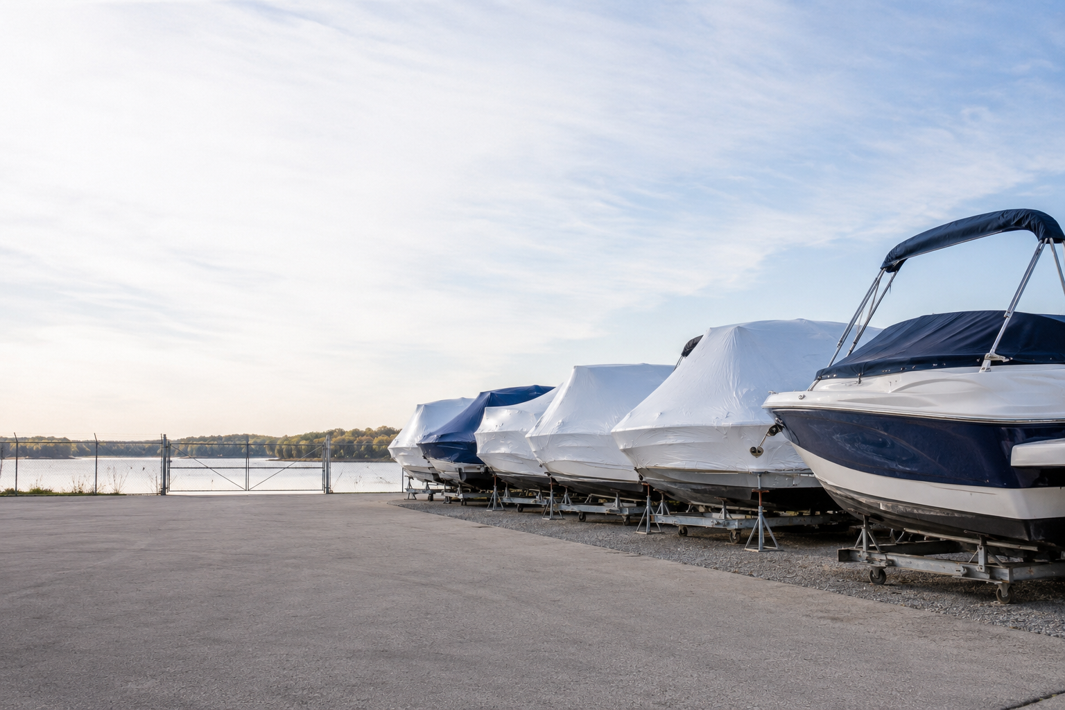 Boats covered and stored in the Hartzel Marine yard by the water