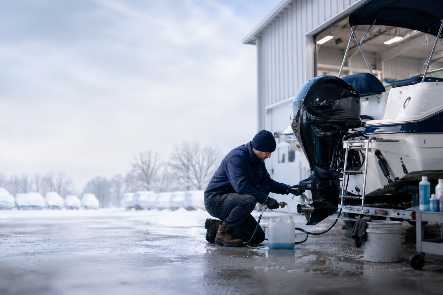 Marine technician running antifreeze through an outboard during winterization