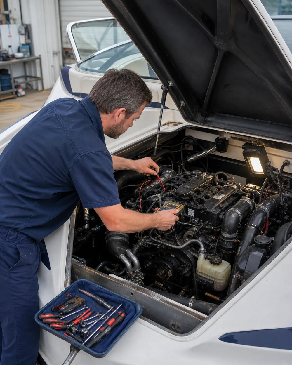 Engine compartment open with diagnostic tools