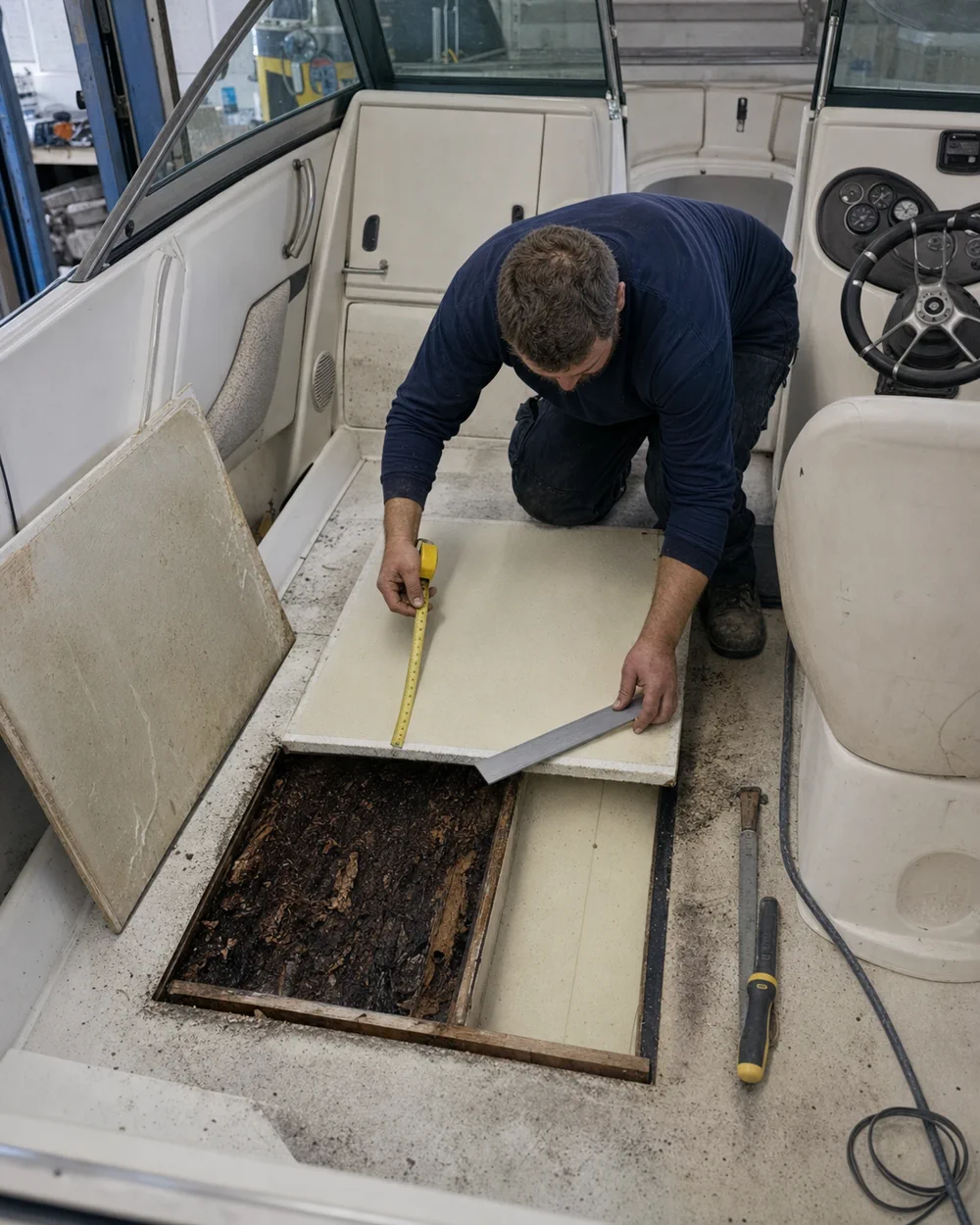 Boat floor opened up showing core replacement