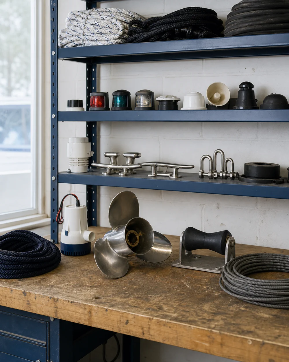 Shelf of common boat parts and accessories