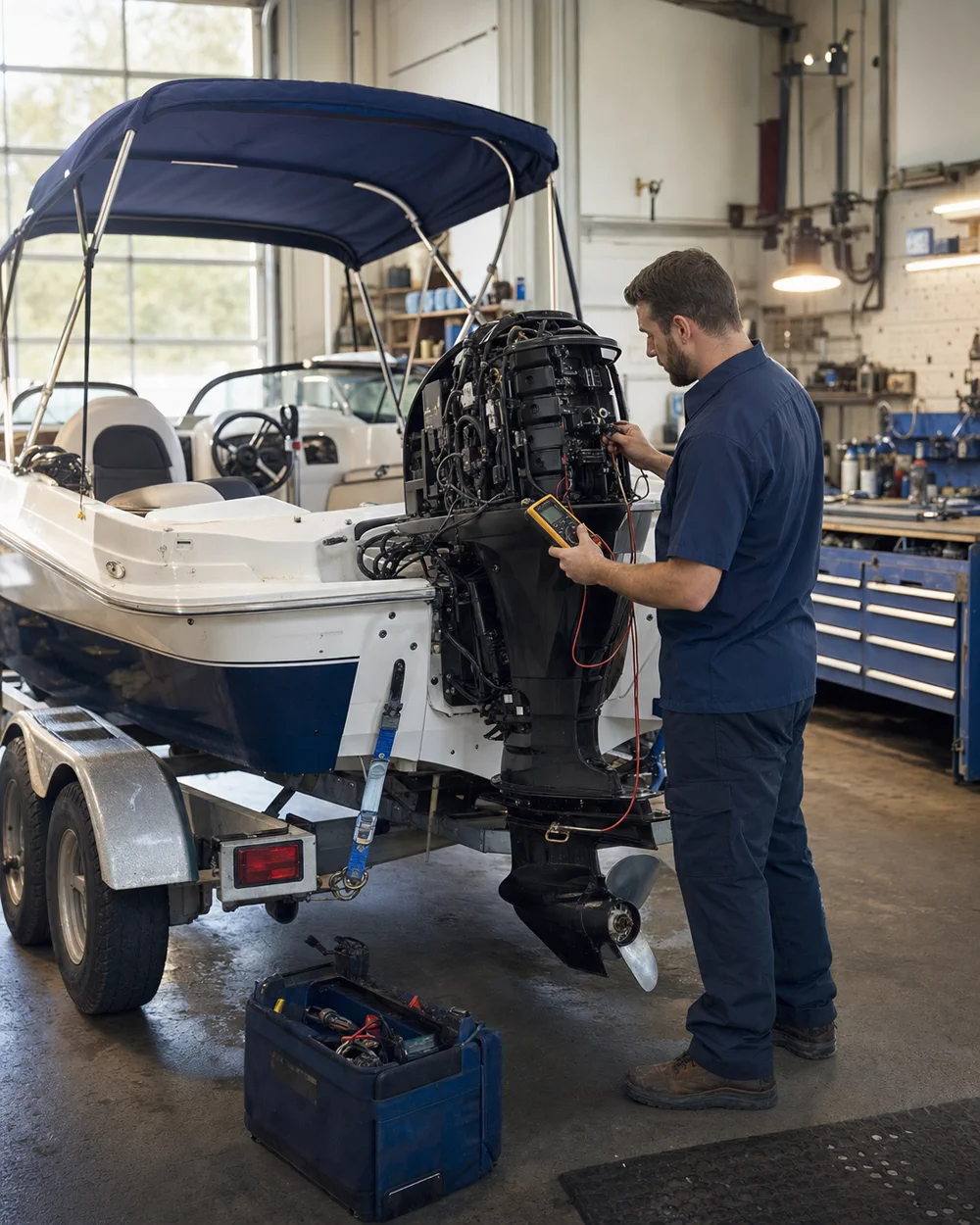 Boat on trailer being diagnosed in the shop bay