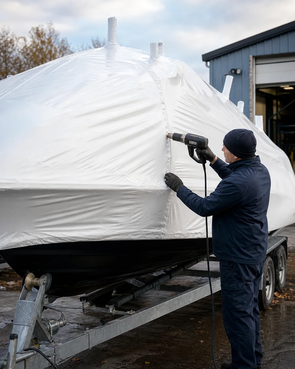 Shrink-wrapped boats lined up in the storage yard
