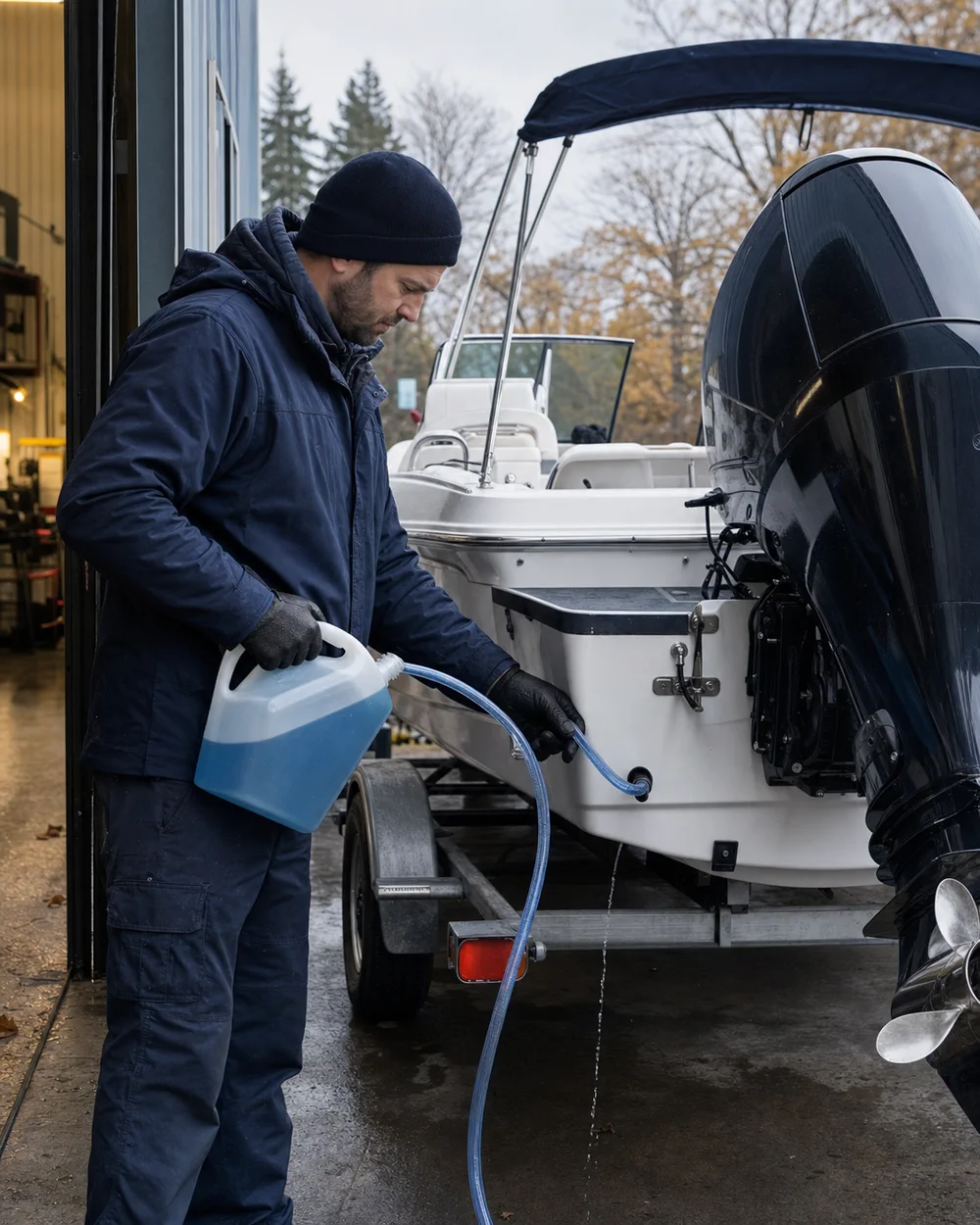 Boat being winterized in the service bay