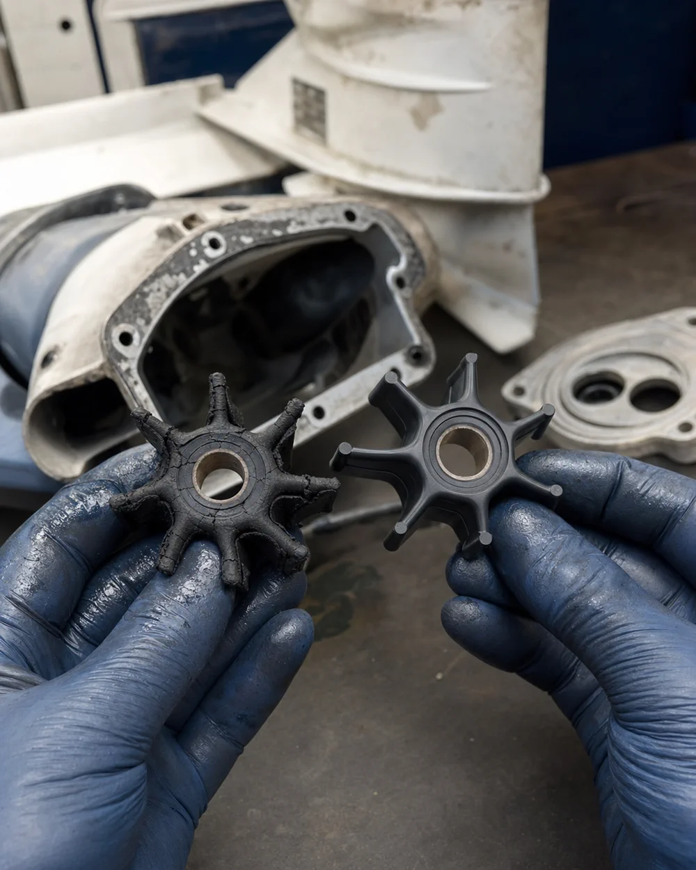 New impeller next to the old one removed from the pump