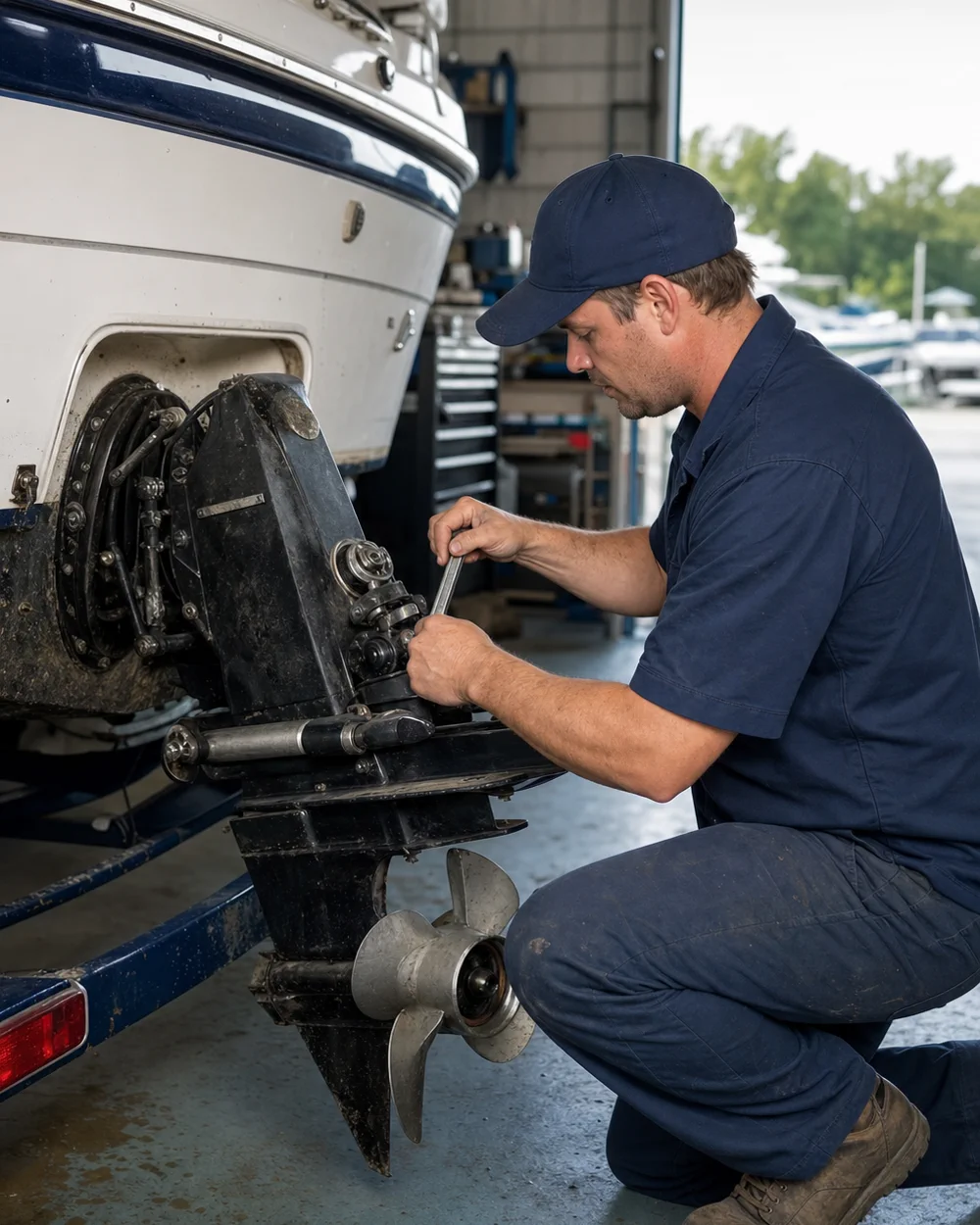 Marine technician working on an outboard