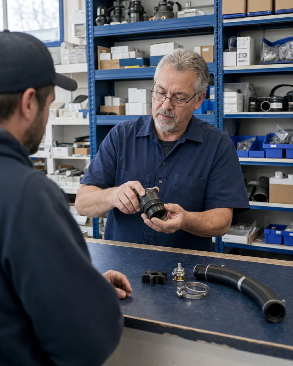 Marine parts counter with parts on the shelf