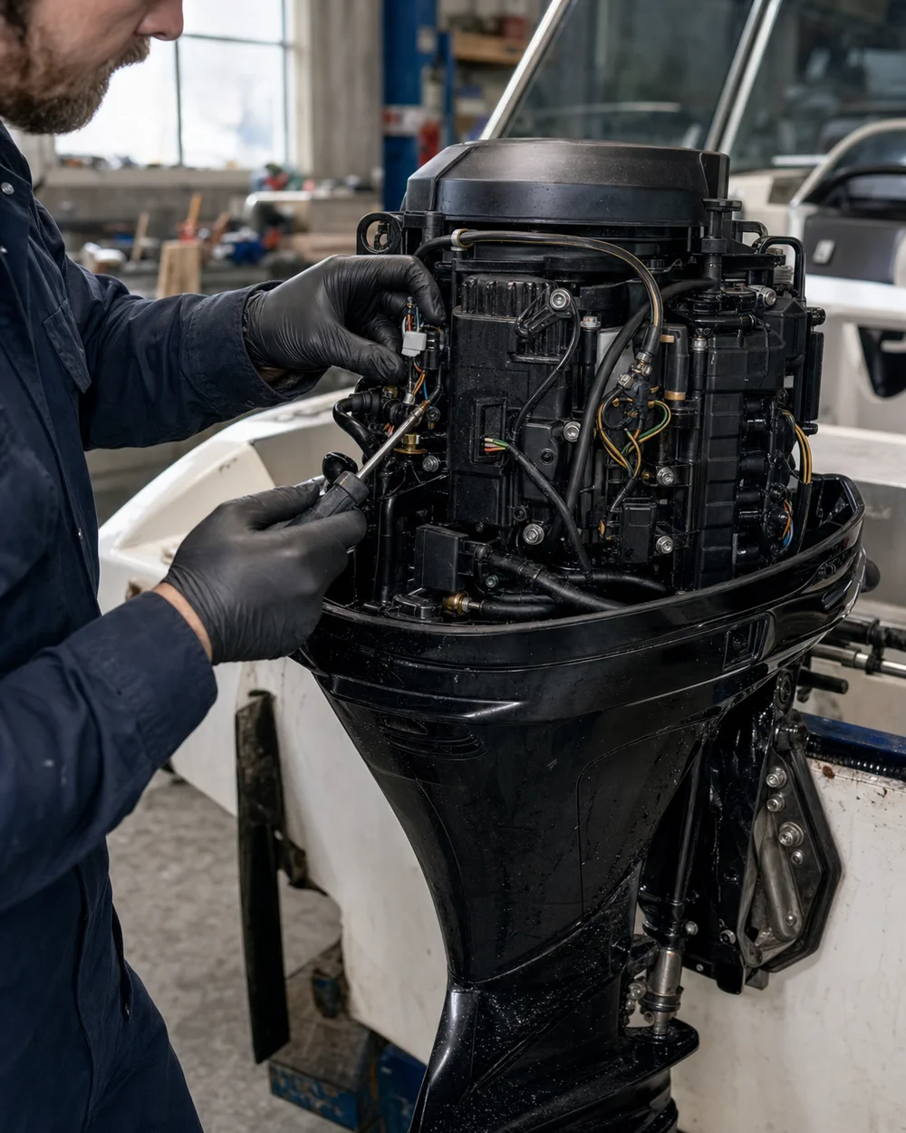 Outboard motor cowling removed, mid-service