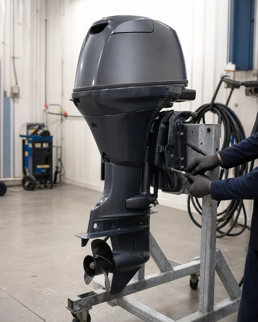 New Tohatsu outboard on a rigging stand