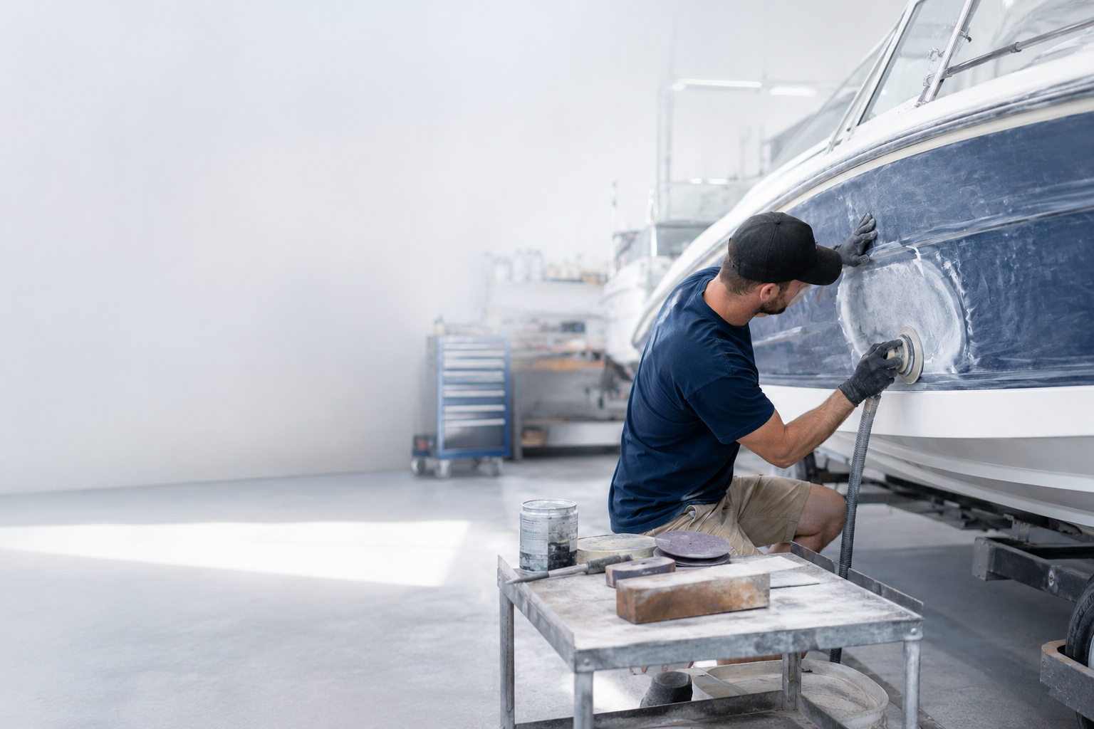 Technician sanding a fiberglass hull during a gelcoat repair