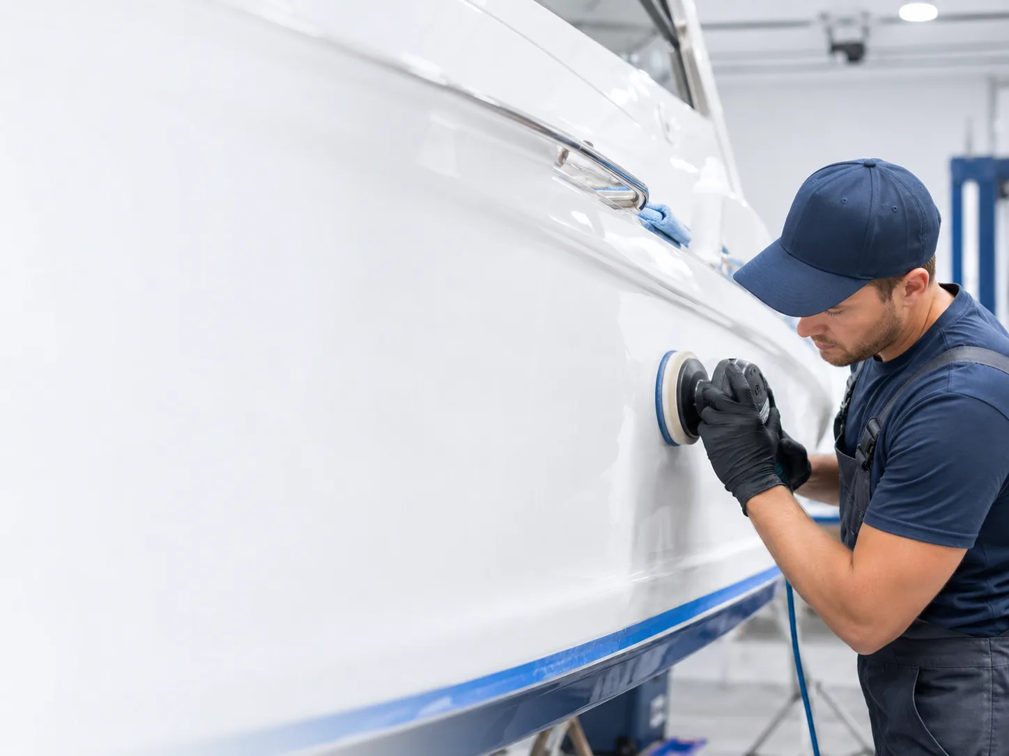 Technician buffing and polishing the gelcoat on a white fiberglass hull