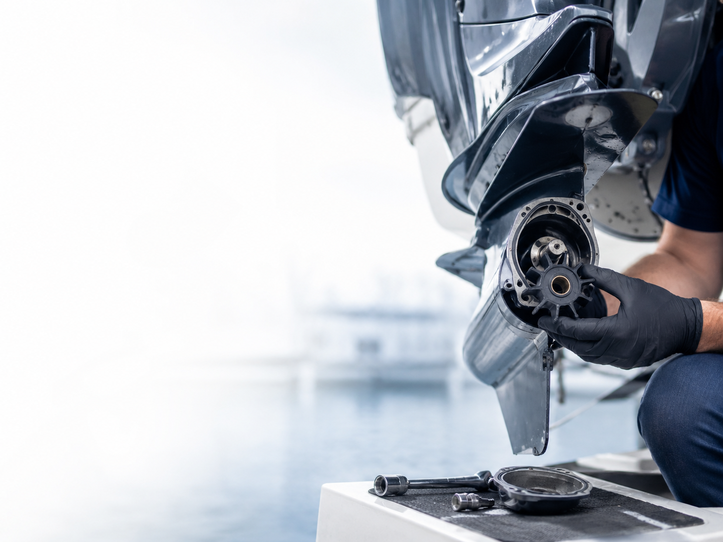 Marine technician holding a freshly removed impeller from an outboard water pump