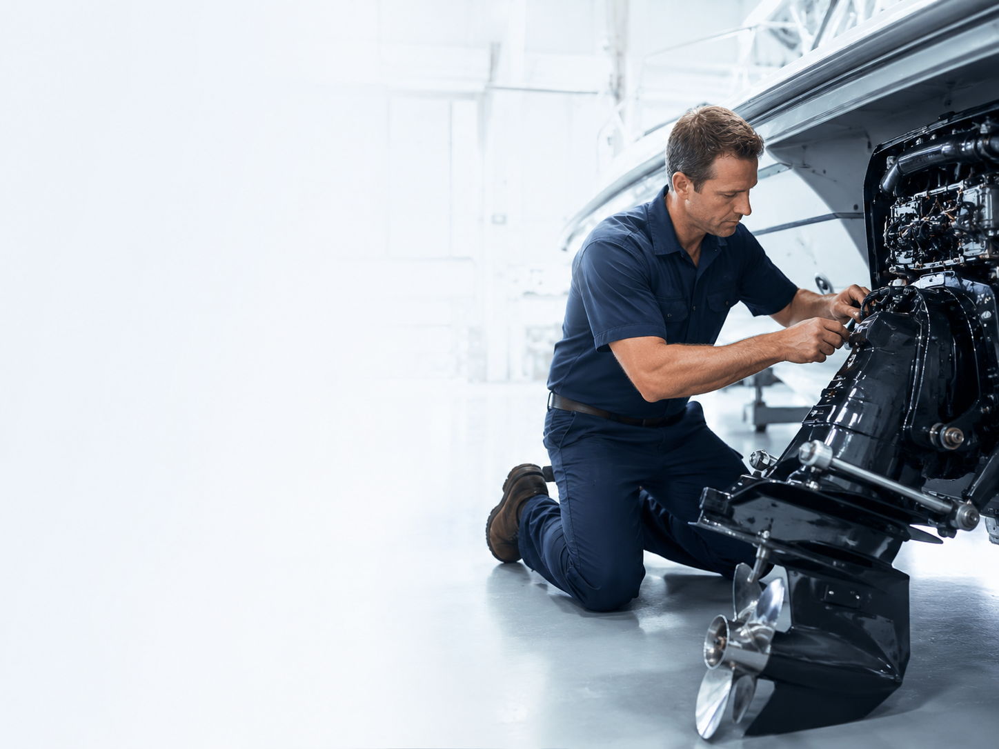 Licensed marine mechanic working on a sterndrive in the shop