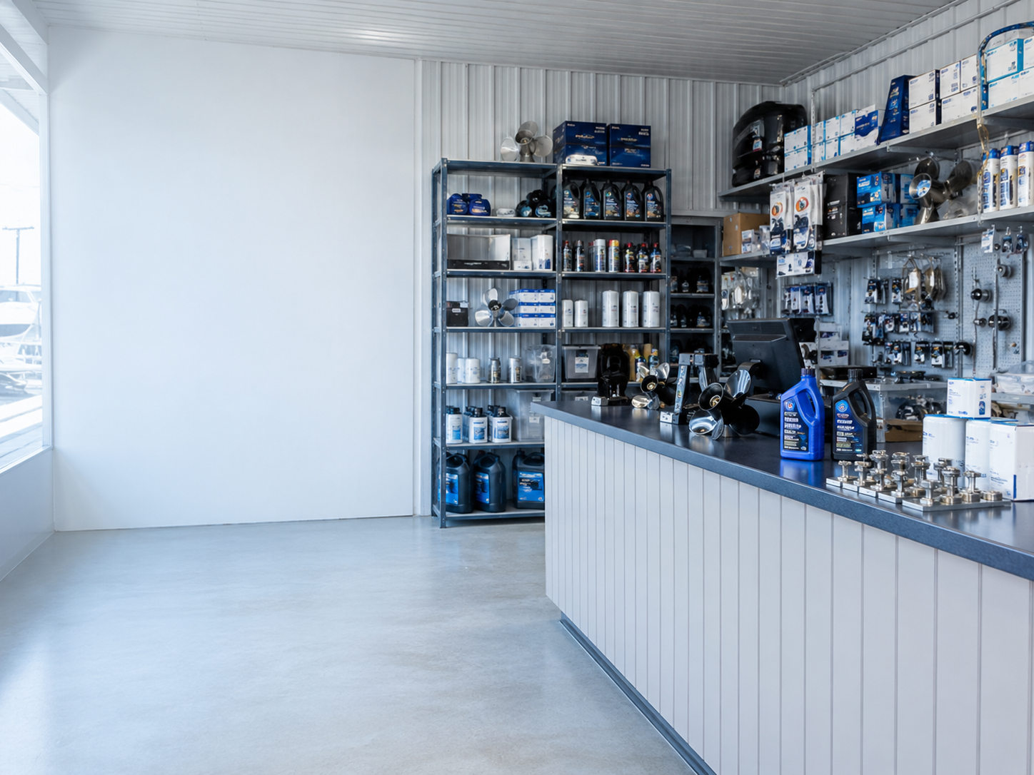 Marine parts counter with shelves of oil, filters, propellers and hardware