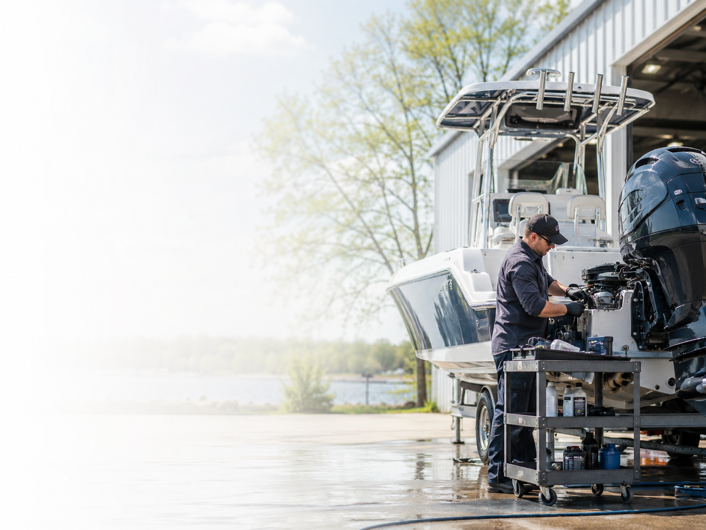 Marine technician spring-tuning an outboard outside on a fresh day by the water