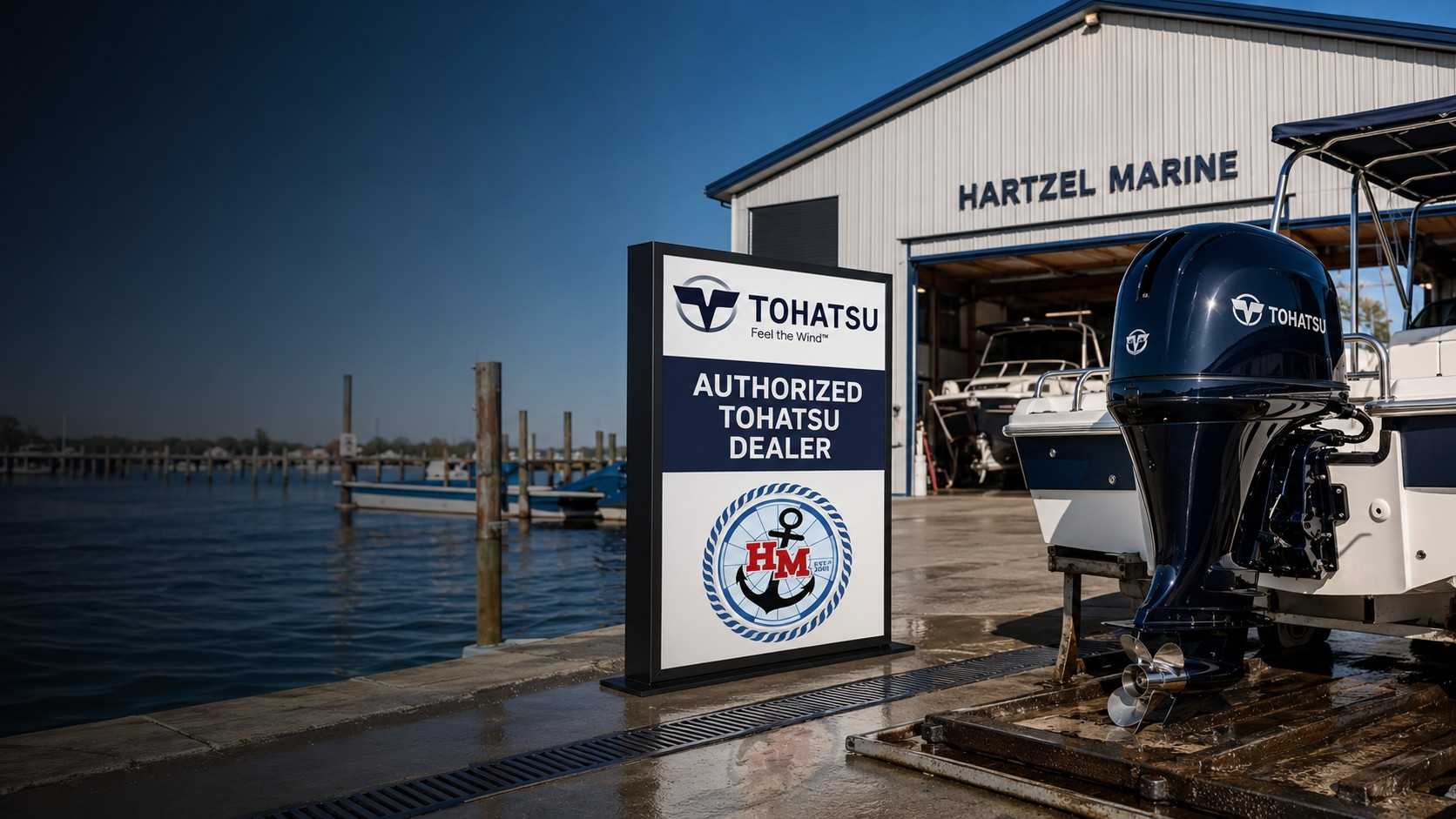 Authorized Tohatsu Dealer sign in front of the Hartzel Marine shop with a Tohatsu outboard on a boat