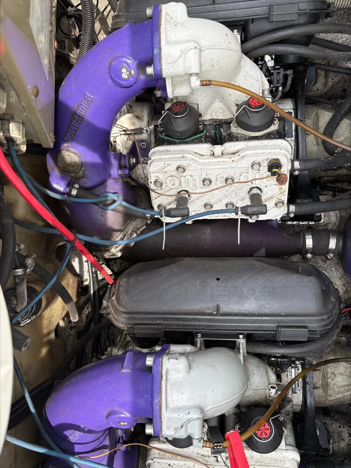 Twin Bombardier Rotax engines in the engine bay of the 1997 Sea-Doo Challenger 1800